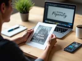 Main d'un designer tenant une photo avec texte près d'un ordinateur portable