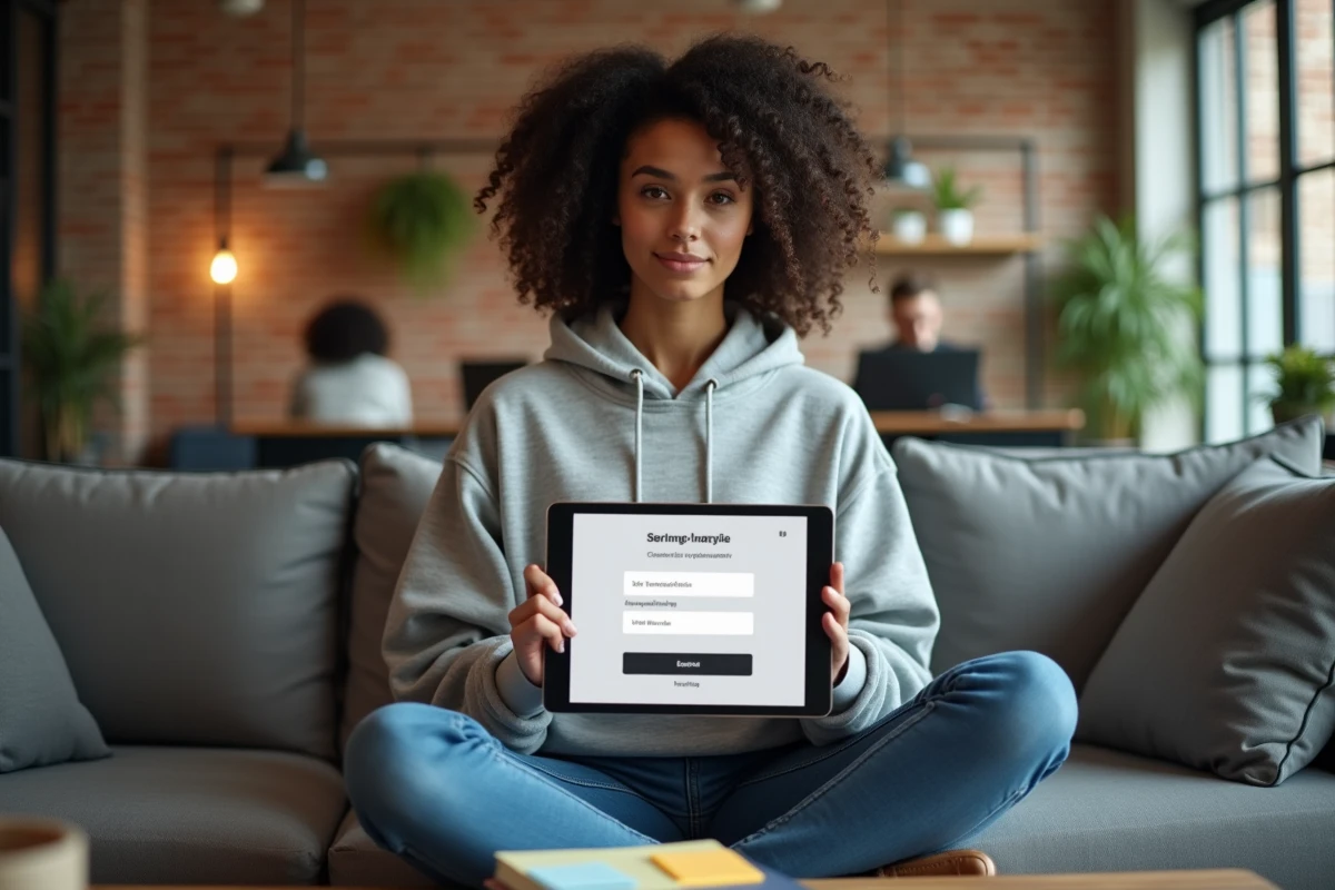 Designer UX féminine analysant un formulaire web interactif sur tablette dans un espace de co-working