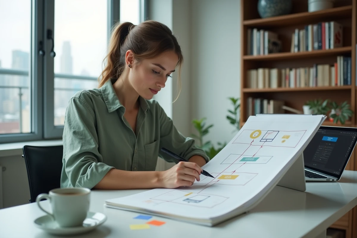 Designer UX féminine esquissant un diagramme de flux de fenêtres popup dans un bureau à domicile avec vue urbaine