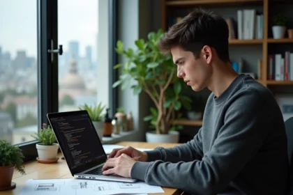 Homme concentré sur son code Python dans un bureau moderne