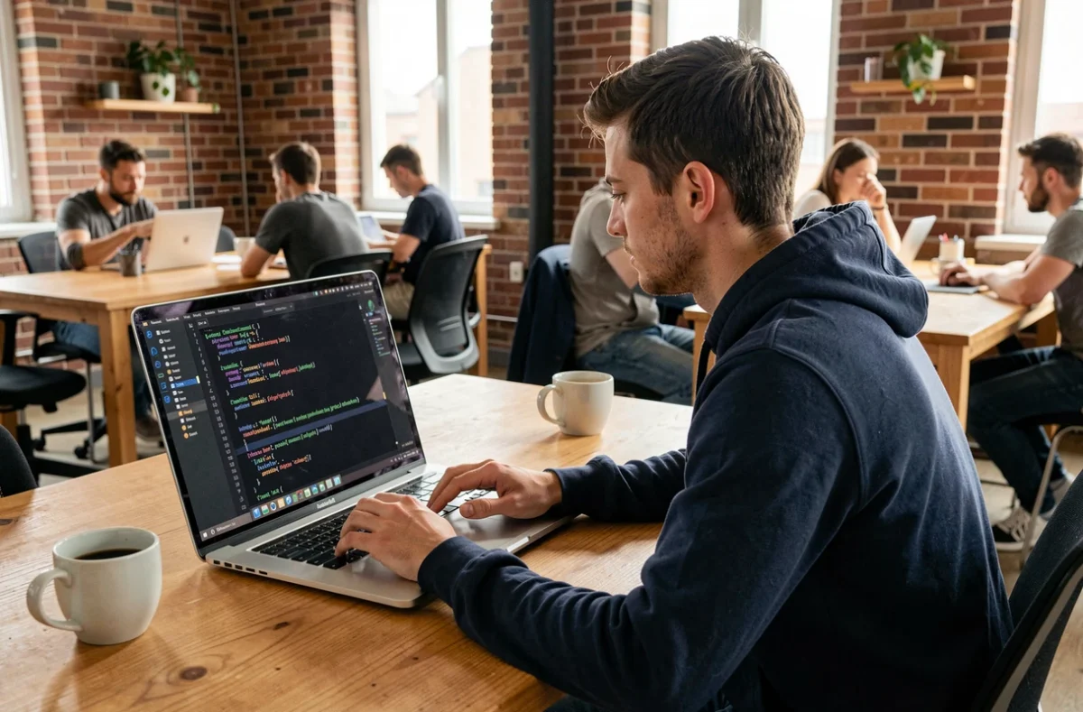 Développeur front-end codant des propriétés CSS de centrage de texte sur son ordinateur portable
