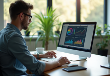 Développeur analysant graphiques de performance sur un ordinateur portable lumineux