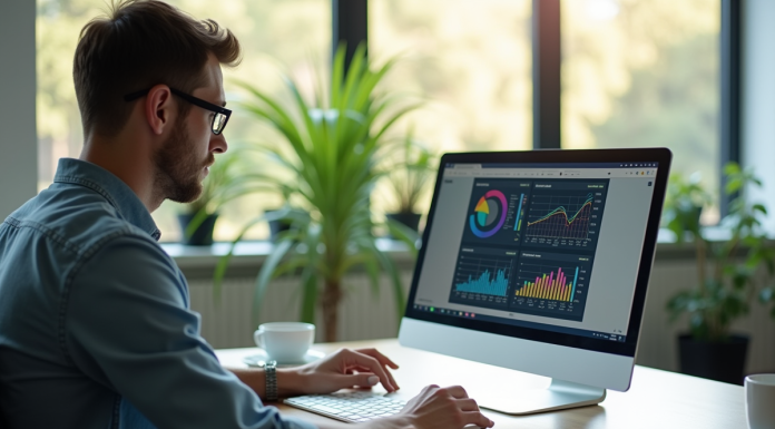 Développeur analysant graphiques de performance sur un ordinateur portable lumineux