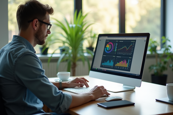 Développeur analysant graphiques de performance sur un ordinateur portable lumineux