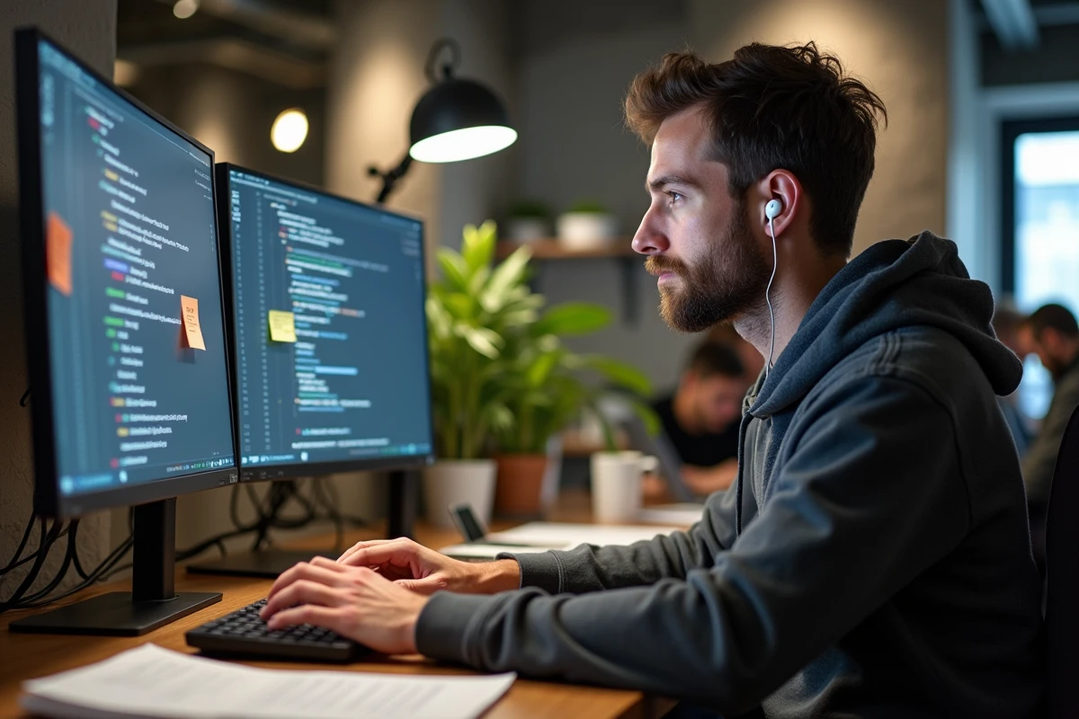 Développeur web masculin analysant du code HTML avec l'attribut _popup sur un double écran dans un bureau moderne en 2026