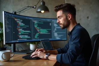Développeur web masculin travaillant sur du code HTML pour des formulaires web fiables dans un bureau moderne