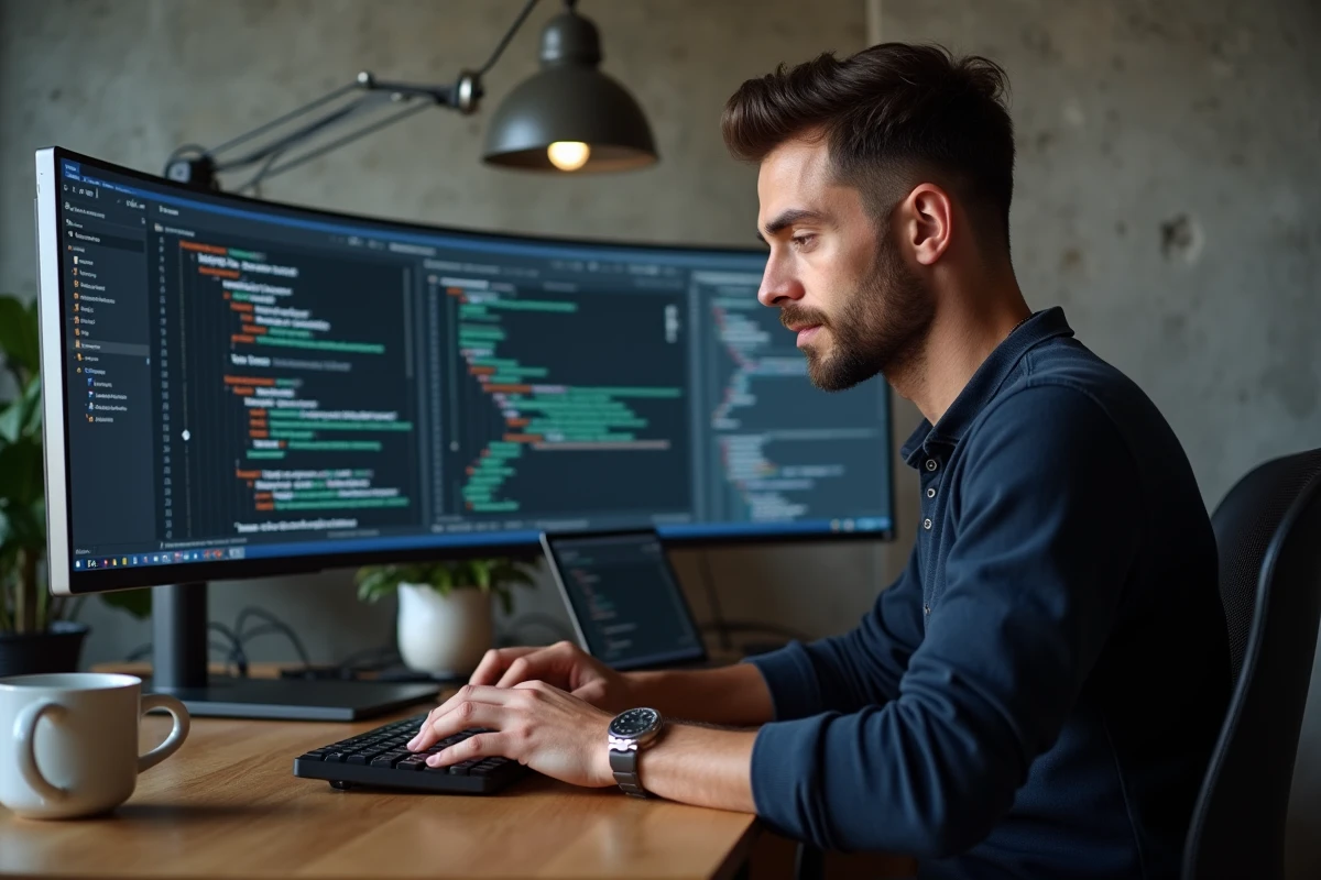 Développeur web masculin travaillant sur du code HTML pour des formulaires web fiables dans un bureau moderne