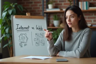 Femme expliquant la différence entre internet et le web sur un tableau blanc dans un espace de coworking moderne