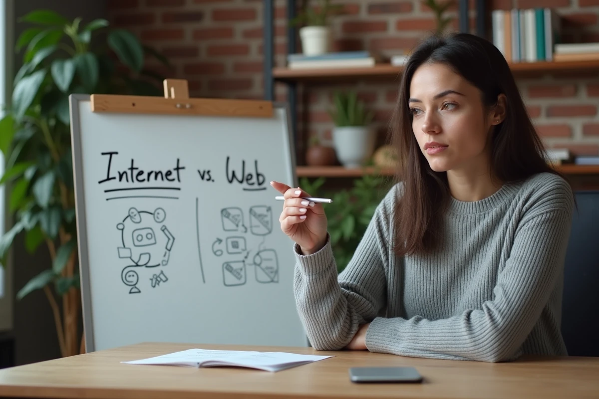 Femme expliquant la différence entre internet et le web sur un tableau blanc dans un espace de coworking moderne