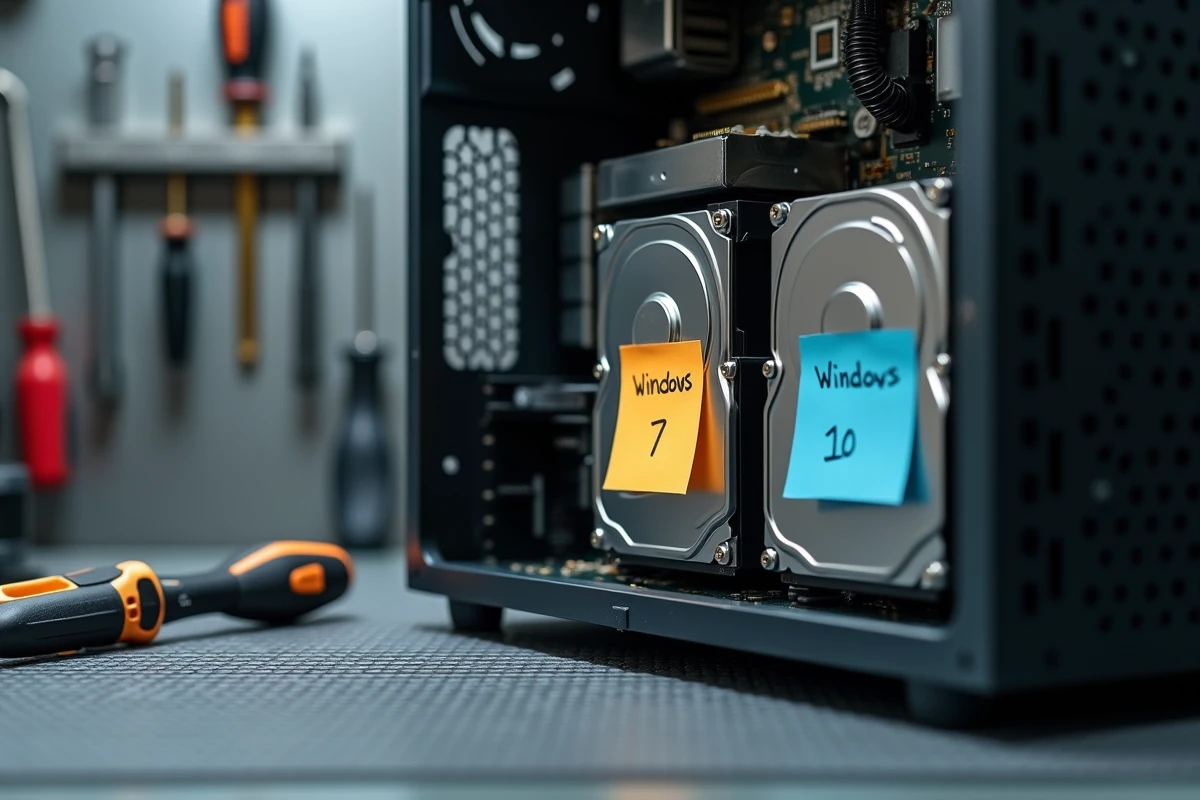 Intérieur d'un ordinateur de bureau avec deux disques durs étiquetés Windows 7 et Windows 10 pour une configuration dual boot