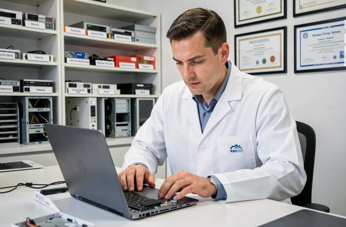 Technicien Docteur IT Avignon en blouse blanche inspectant un ordinateur portable démonté dans une clinique informatique propre et professionnelle