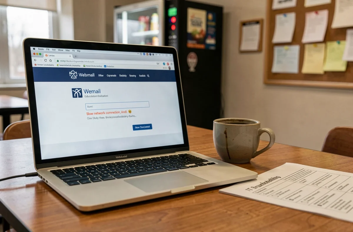 Écran d'ordinateur portable affichant une erreur de connexion lente sur un webmail éducatif dans une salle de pause scolaire