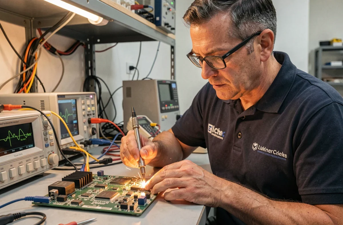 Ingénieur EIG Informatique en train de souder un composant sur une carte mère dans un atelier électronique professionnel du Vaucluse