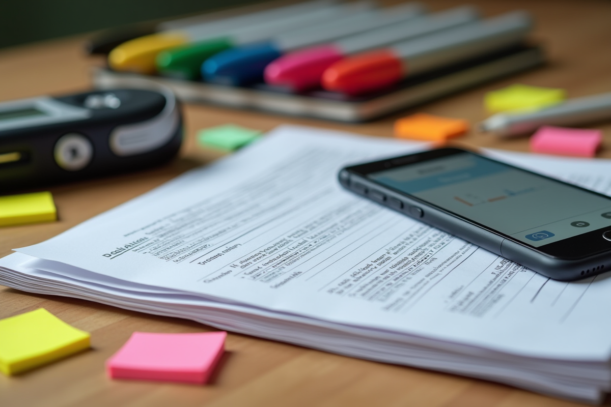 Enregistreur vocal smartphone et notes de transcription sur bureau