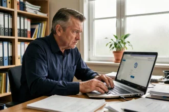 Enseignant frustré devant un webmail lent sur son ordinateur portable dans un bureau scolaire