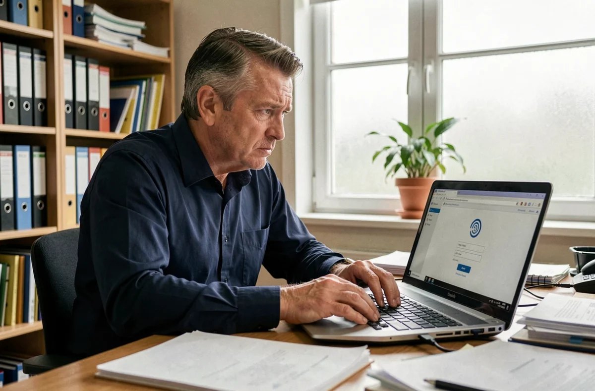 Enseignant frustré devant un webmail lent sur son ordinateur portable dans un bureau scolaire