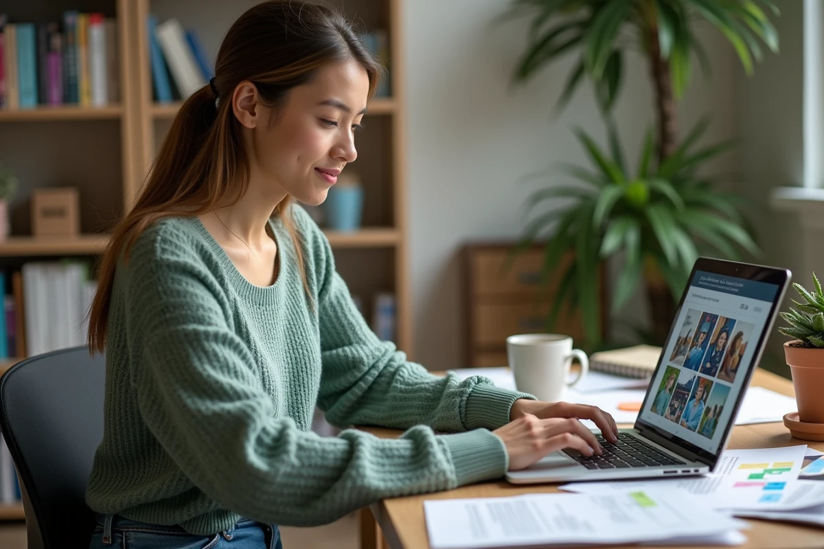 Jeune enseignante créant des supports pédagogiques visuels avec Leonardo AI depuis son bureau à domicile