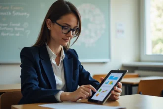 Enseignante utilisant une tablette pour générer des supports visuels avec l'IA Leonardo dans une salle de classe moderne
