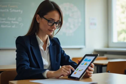 Enseignante utilisant une tablette pour générer des supports visuels avec l'IA Leonardo dans une salle de classe moderne