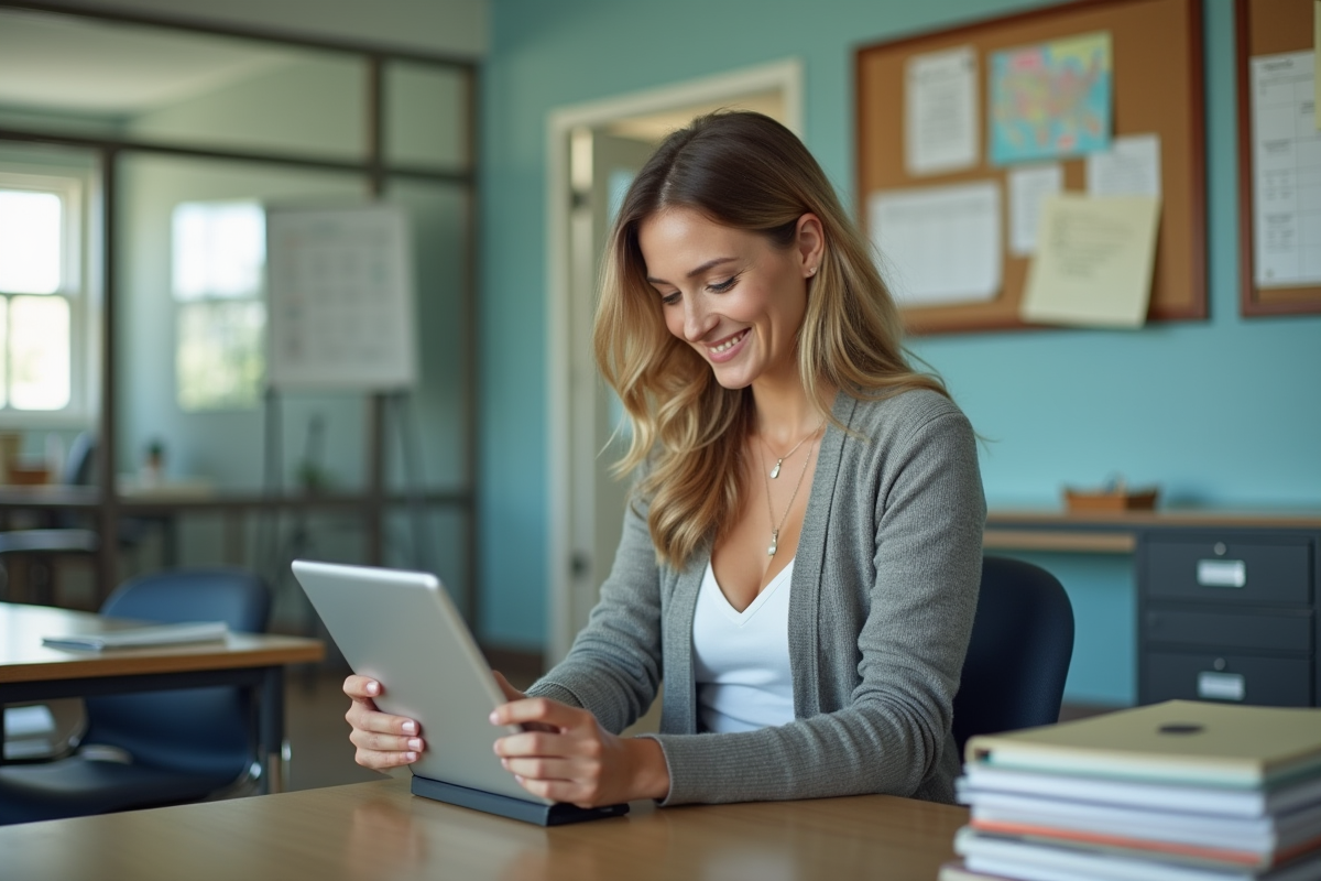 Enseignante vérifiant des dossiers sur une tablette dans un bureau scolaire
