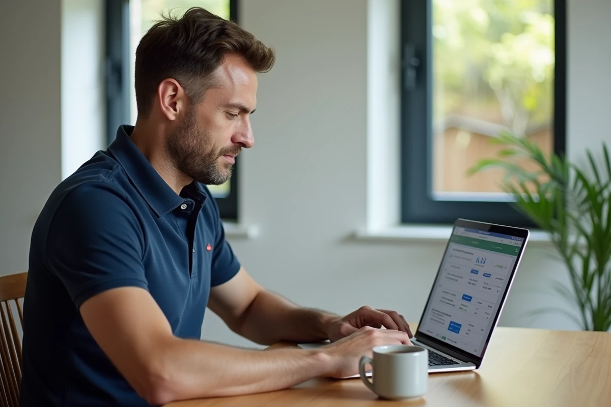 Entrepreneur travaillant depuis chez lui en comparant les tarifs d'un logiciel d'emailing sur ordinateur portable