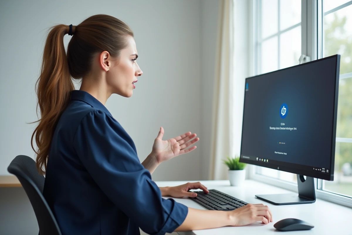 Femme frustrée face à un message d'erreur lors de l'installation de Windows sur un ordinateur de bureau