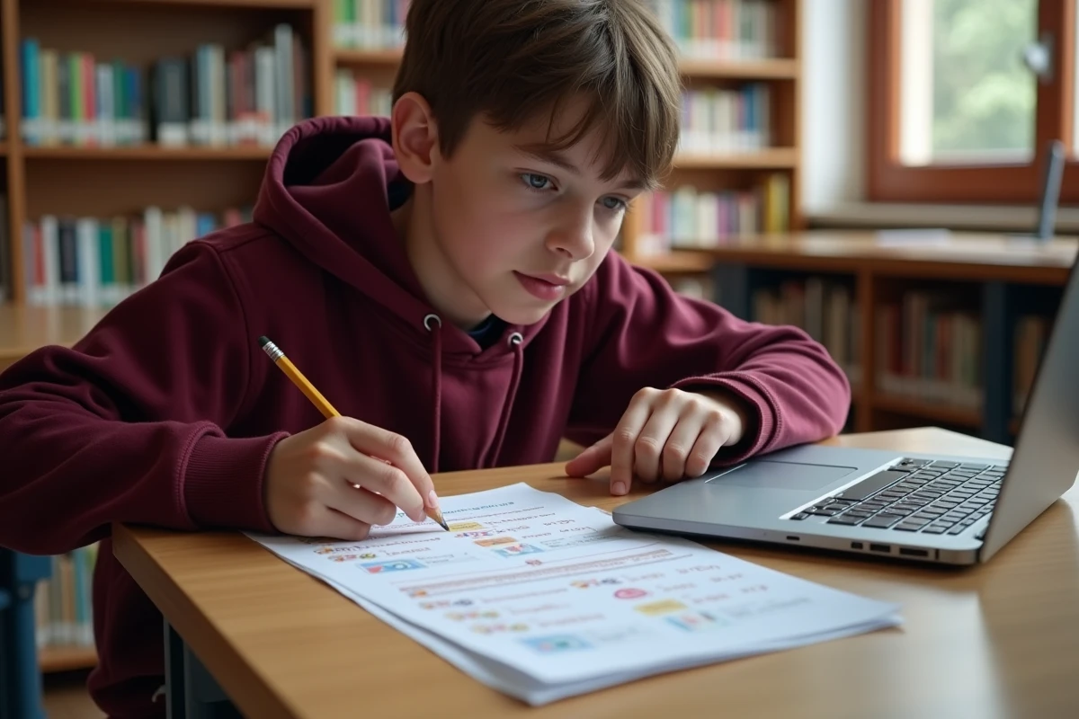 Étudiant consultant un guide imprimé des raccourcis clavier pour les accents espagnols dans une bibliothèque scolaire
