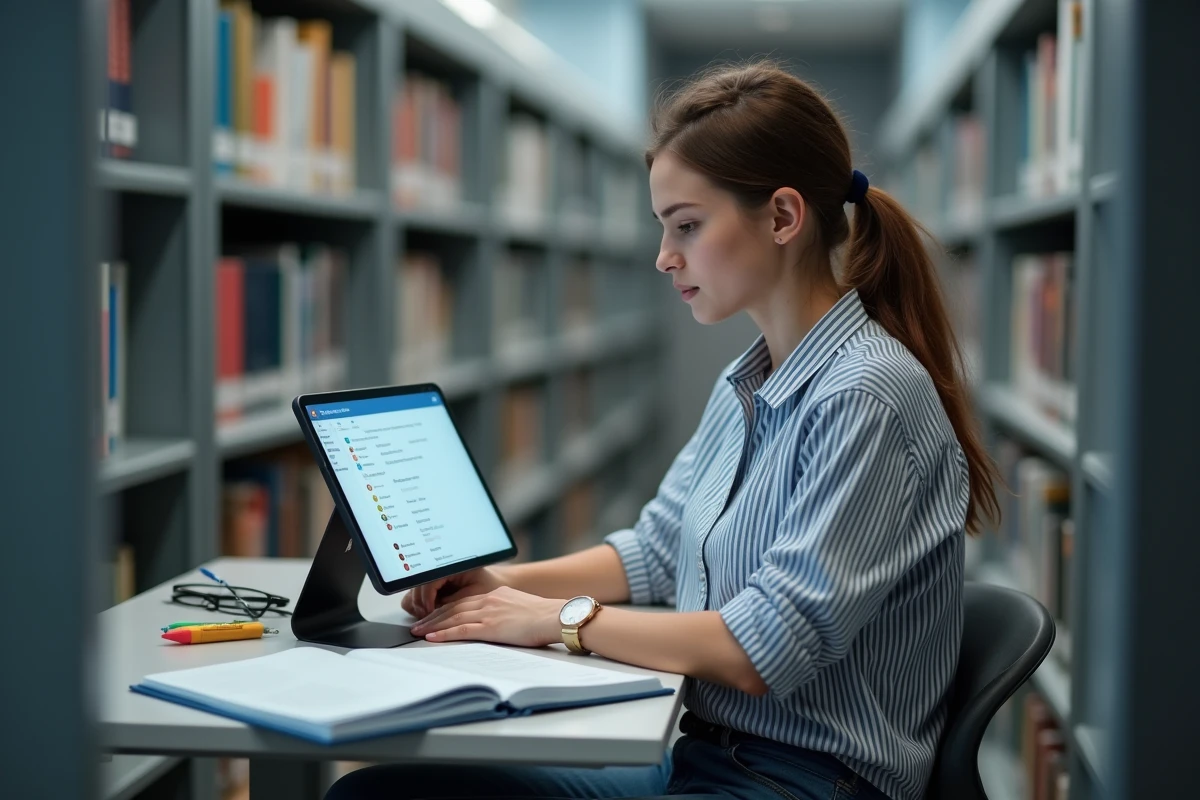 Étudiante utilisant les dossiers intelligents du webmail Nancy Metz dans une bibliothèque universitaire