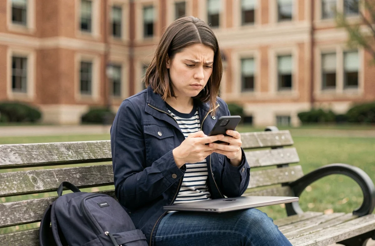 Étudiante consultant son smartphone sur un banc de campus pour résoudre un problème de connexion à l'ENT UPVD