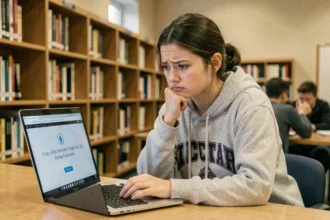 Étudiante frustrée devant un ordinateur portable affichant une page ENT bloquée dans une bibliothèque universitaire