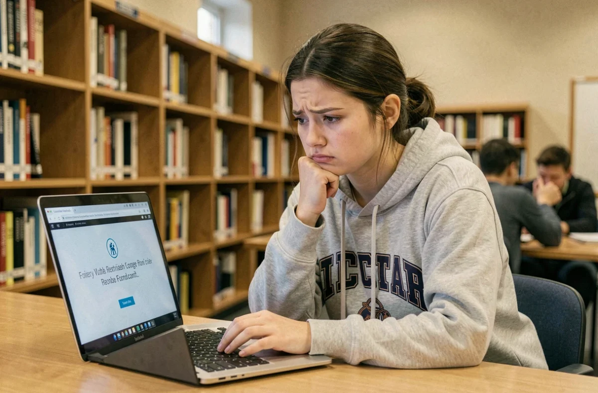 Étudiante frustrée devant un ordinateur portable affichant une page ENT bloquée dans une bibliothèque universitaire