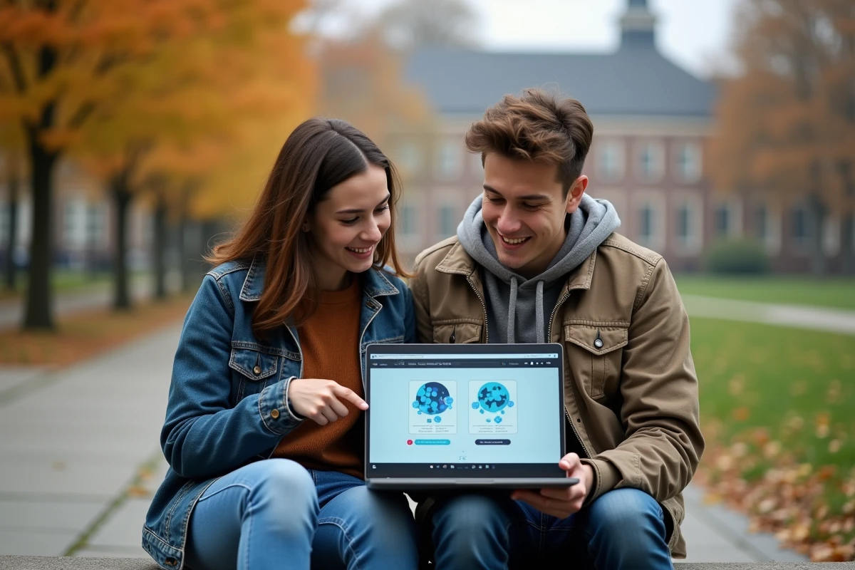 Deux étudiants comparant internet et le web sur un ordinateur portable en plein air sur un campus universitaire en automne