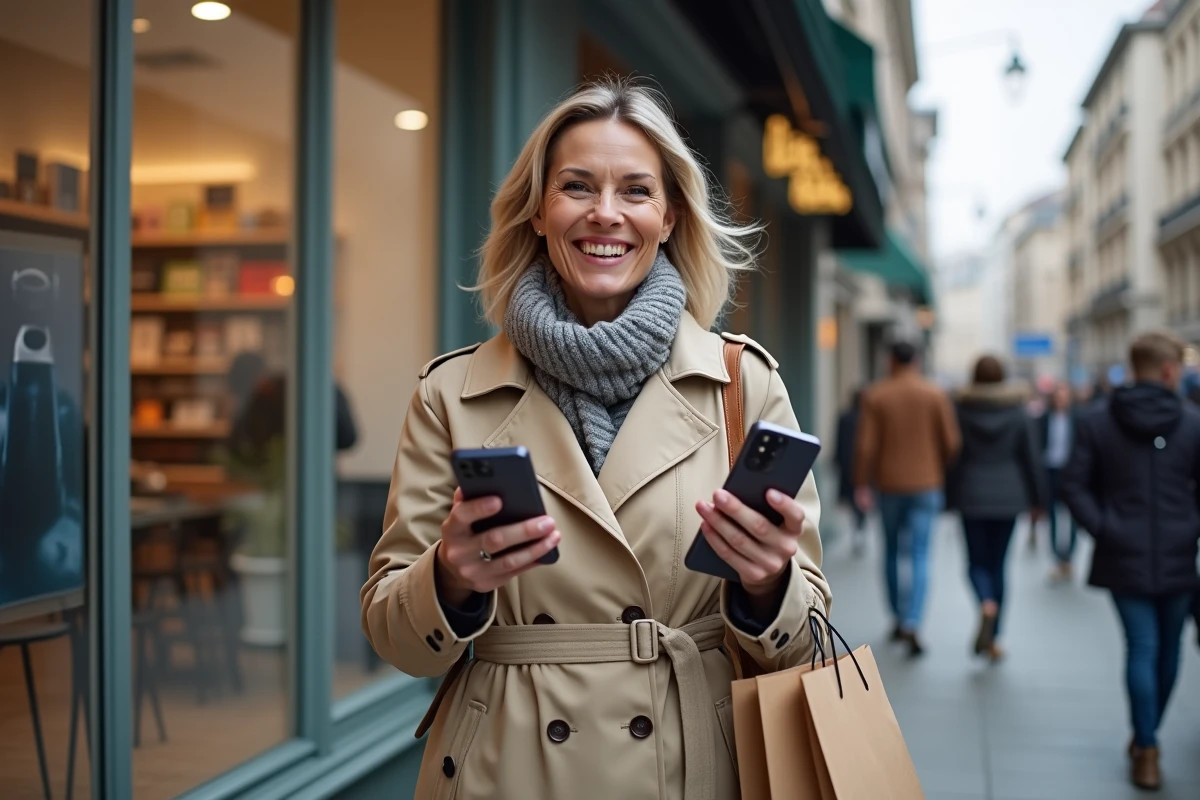 Femme souriante avec smartphone dans une rue commerçante animée