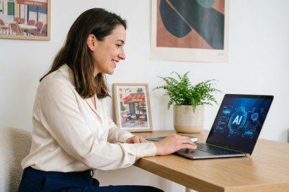 Jeune femme française souriante avec ordinateur et interface AI