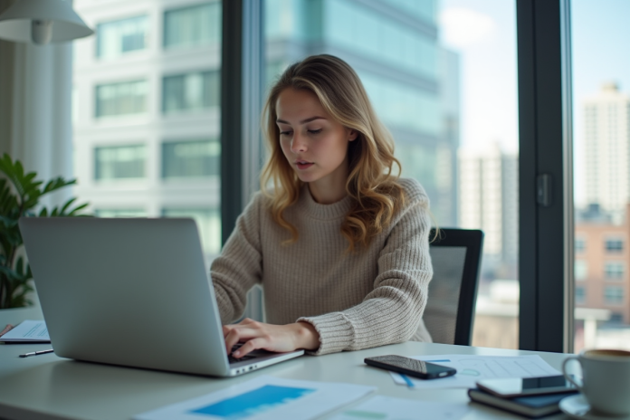 Jeune femme professionnelle analysant des données numériques au bureau