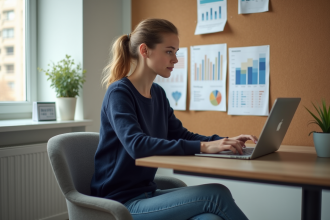 Femme concentrée analysant des données sur son ordinateur dans un bureau moderne