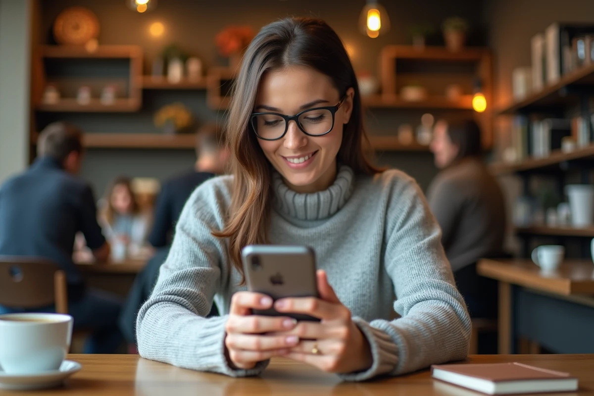 Femme utilisant l'application Word sur smartphone pour convertir un PDF en document Word dans un café