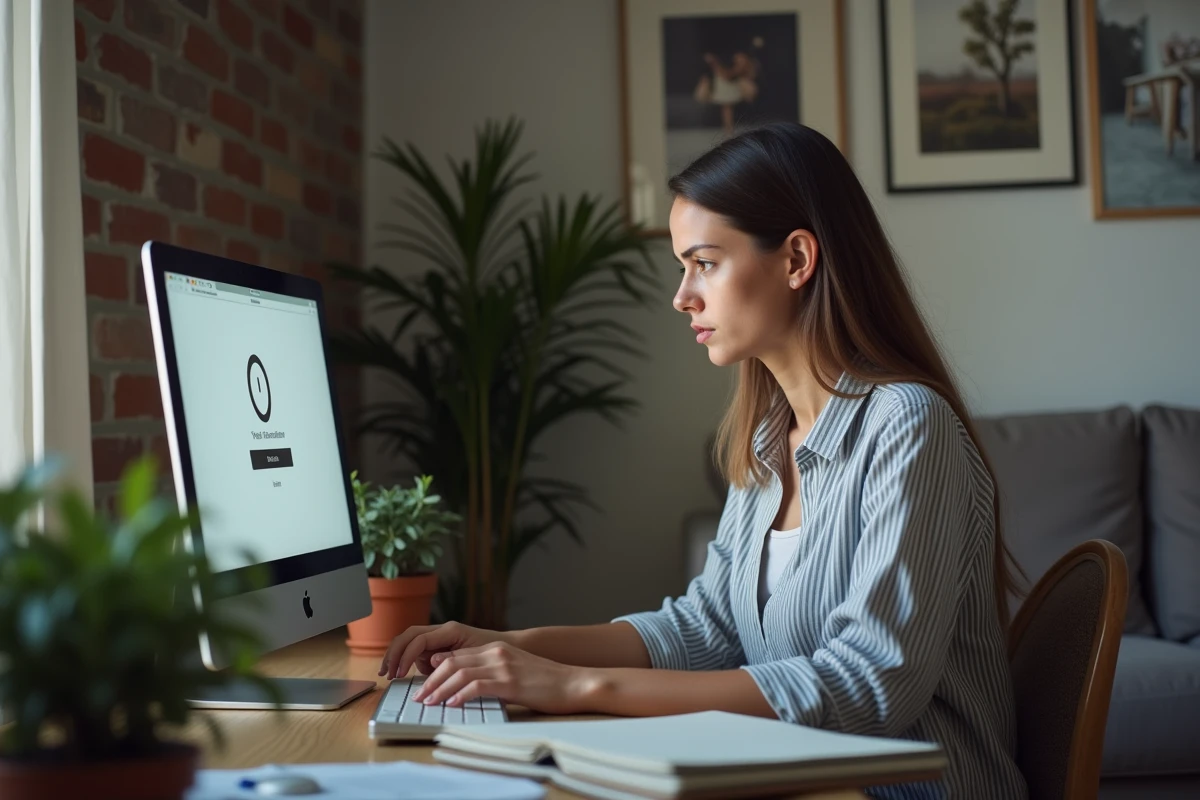 Jeune femme concentrée devant son ordinateur en salon moderne