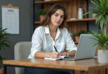 Jeune femme concentrée travaillant à son bureau moderne