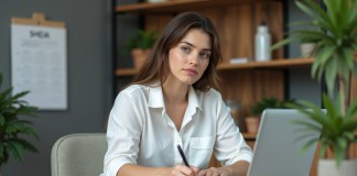 Jeune femme concentrée travaillant à son bureau moderne