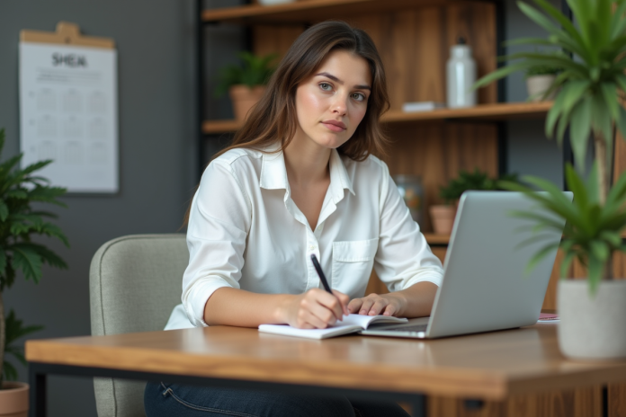 Jeune femme concentrée travaillant à son bureau moderne