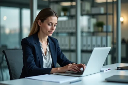Femme au bureau étudiant les règles GDPR sur son ordinateur