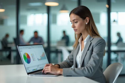 Femme en blazer gris travaillant sur un graphique camembert Excel avec plusieurs séries de données sur un ordinateur portable dans un bureau moderne