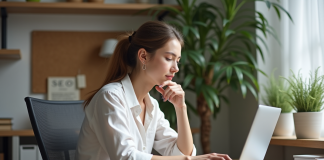 Jeune femme au bureau à domicile en blouse blanche
