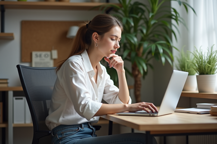 Jeune femme au bureau à domicile en blouse blanche