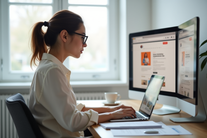 Jeune femme au bureau avec ordinateur portable