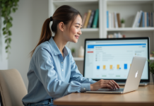 Jeune femme au bureau utilisant un ordinateur portable