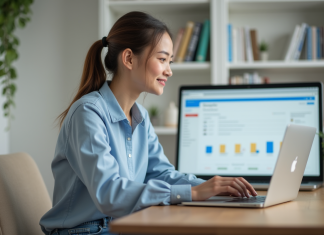 Synchroniser ses fichiers avec Google Drive : mode d’emploi simple et rapide Jeune femme au bureau utilisant un ordinateur portable
