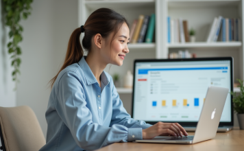 Synchroniser ses fichiers avec Google Drive : mode d’emploi simple et rapide Jeune femme au bureau utilisant un ordinateur portable