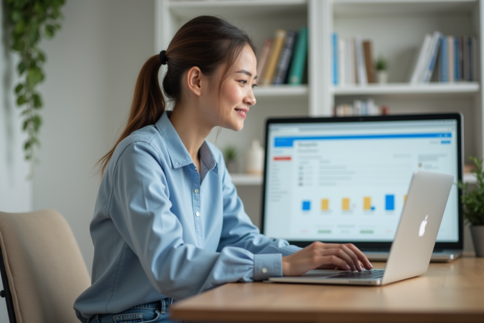 Jeune femme au bureau utilisant un ordinateur portable